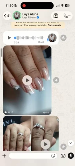 Conversa no WhatsApp com a aluna Lays: vídeo de unhas feitas por ela com o molde.