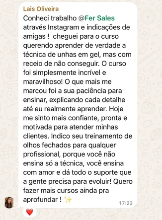 Depoimento de Lais Oliveira: “O curso foi simplesmente incrível e maravilhoso! … Hoje me sinto mais confiante, pronta e motivada para atender minhas clientes.”